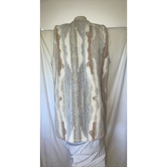 Long Sherpa Faux Fur Lined Open Vest Cardigan Pockets World Market Blue Cream - Picture 4 of 13
